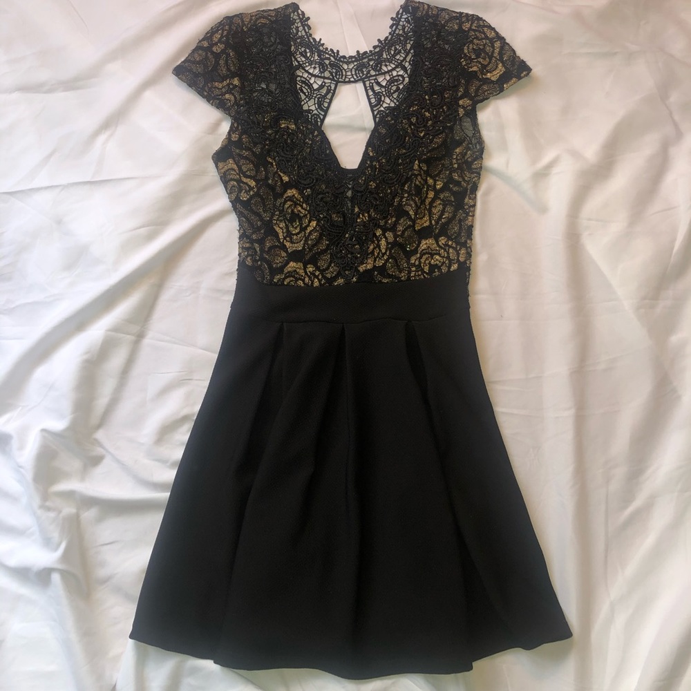 Windsor Black and Gold Lace Skater Dress